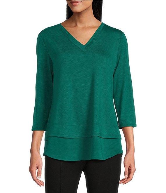 Slim Factor by Investments Chloe V-Neck 3/4 Sleeve Mixed Media Top Product Image
