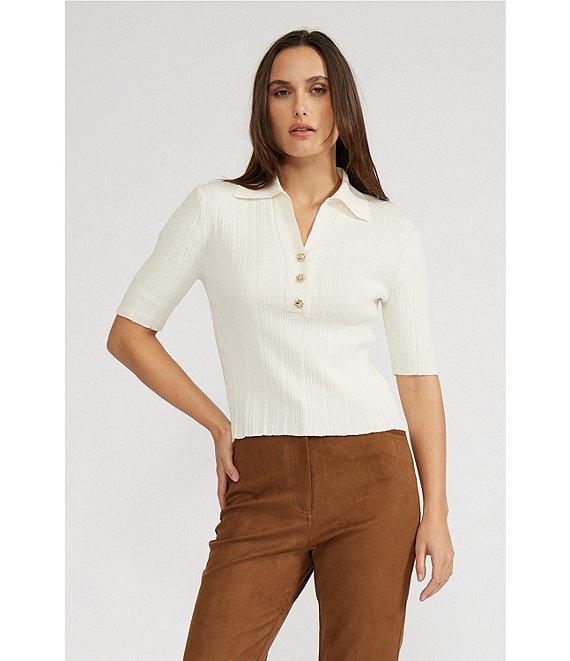 Lucy Paris Knit Point Collar V-Neck Short Sleeve Top Product Image