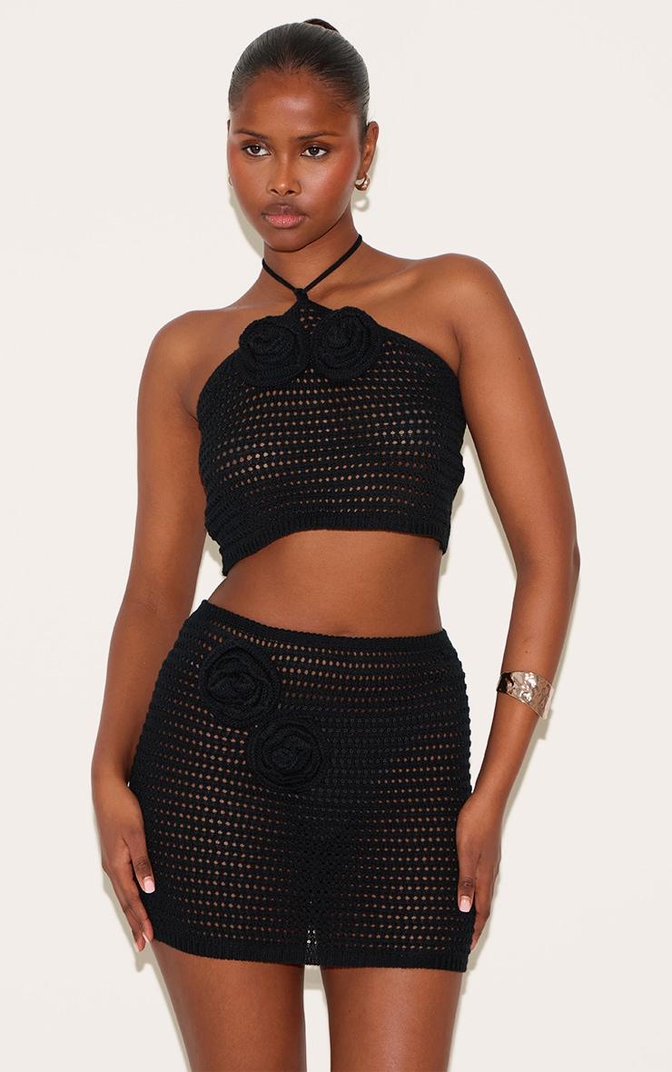 Black Tie Neck Flower Applique Top Product Image