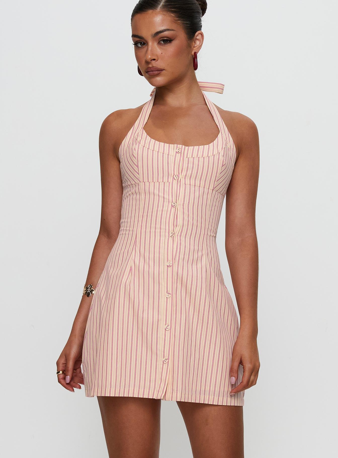 Mallorie Halter Mini Dress Pink Stripe Product Image
