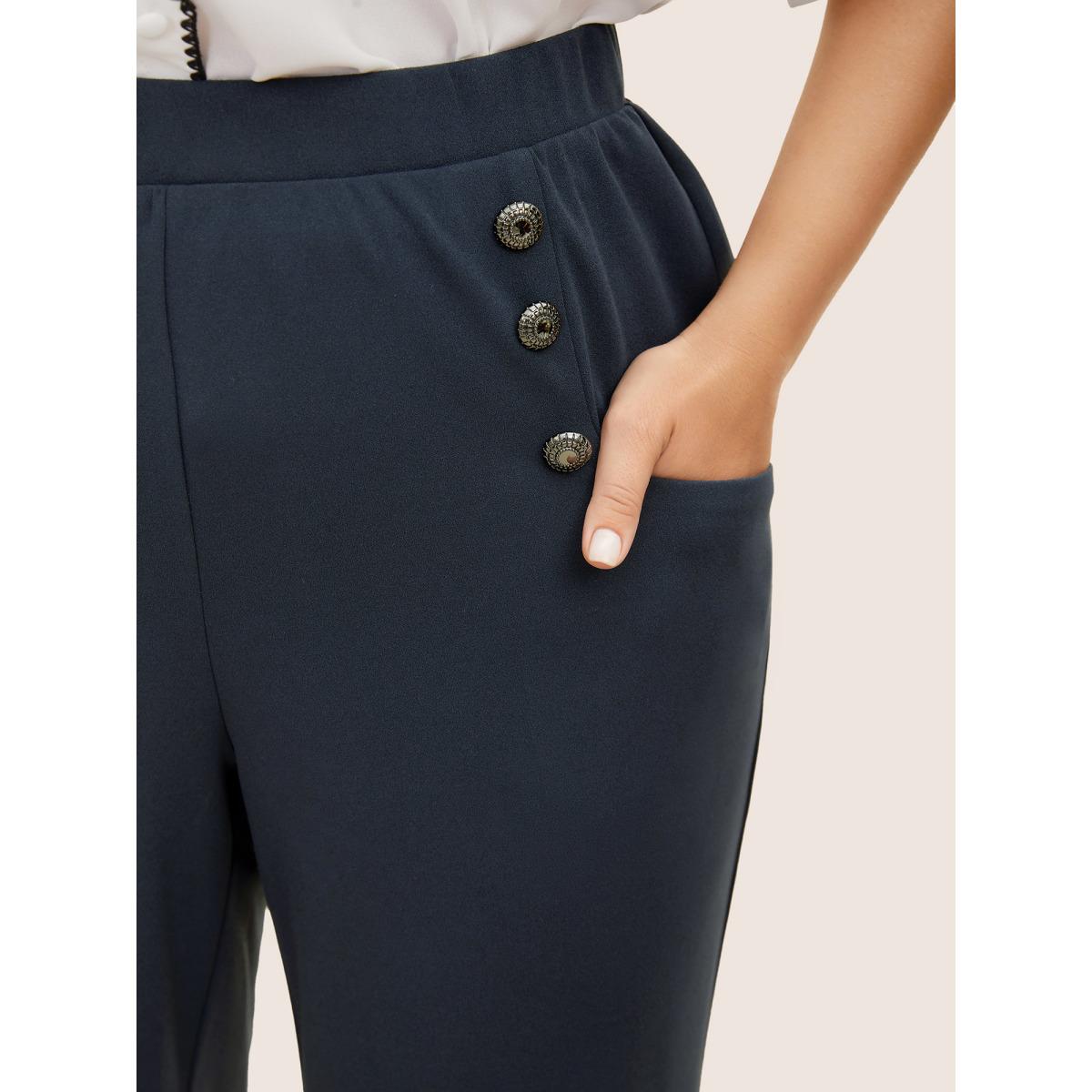 Plus Size Silver-Button Wide-Leg Pants Women Midnight Elegant Wide Leg Mid Rise Everyday Pants BloomChic 28/5X Product Image
