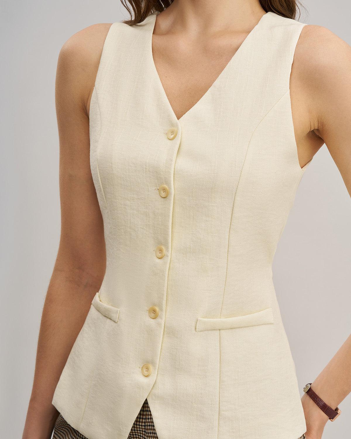 White V Neck Cutout Button Vest Product Image