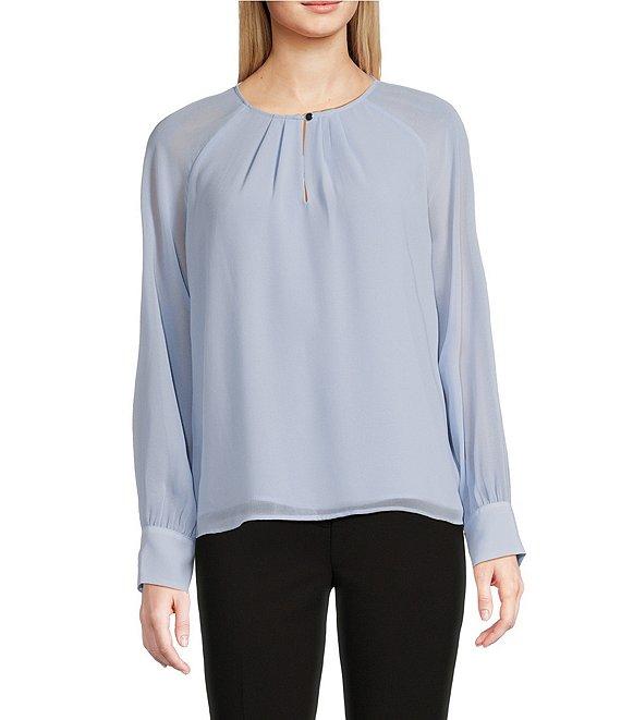 Calvin Klein Chiffon Keyhole Crew Neck Sheer Long Sleeve Blouse Product Image
