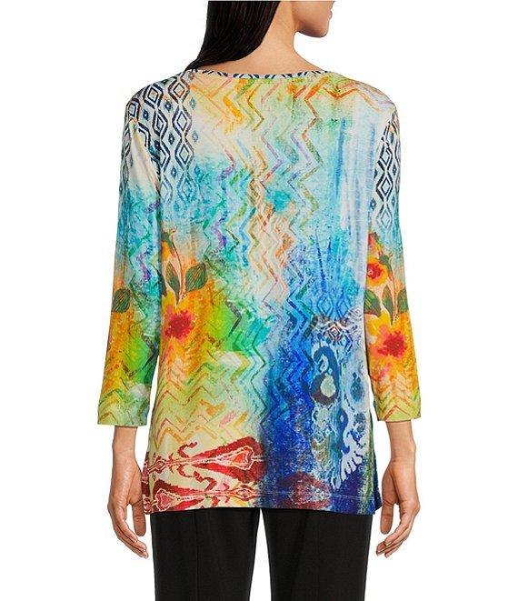 Ali Miles Petite Size Knit Abstract Print Boat Neck 3/4 Sleeve Top Product Image