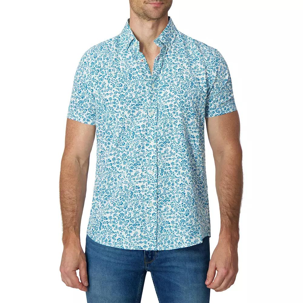 Men's Report Collection Short Sleeve Stretch Tropical Print Woven Button-Down Shirt, Size: Large, Blue Product Image