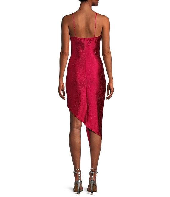 Honey and Rosie Spaghetti Strap Asymmetrical Hem Faux-Wrap Shimmery Stretch Satin Dress Product Image