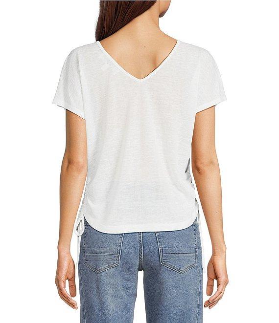 City Blues Crew Neck Short Sleeve Ruched Side Tie Knit Top Product Image