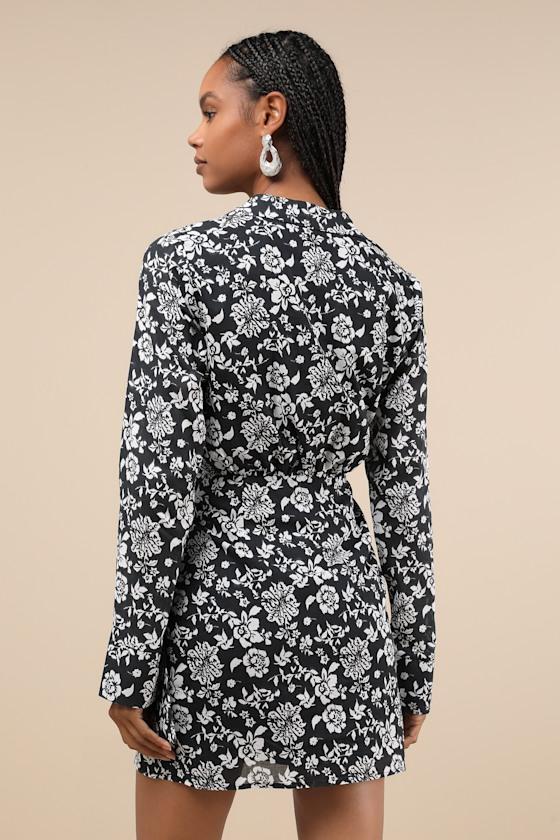 Made to Charm Black & White Floral Collared Buckle Mini Dress Product Image