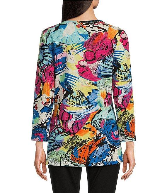Calessa Petite Size Knit Abstract Butterfly Print Crew Neck 3/4 Sleeve Tunic Product Image