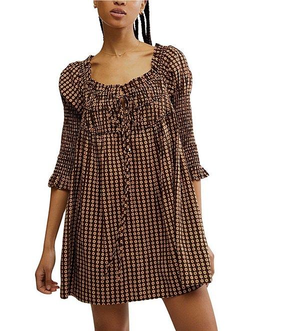 Free People Star Dip Dotted Print Square Neck 3/4 Sleeve Smocked Mini Dress Product Image