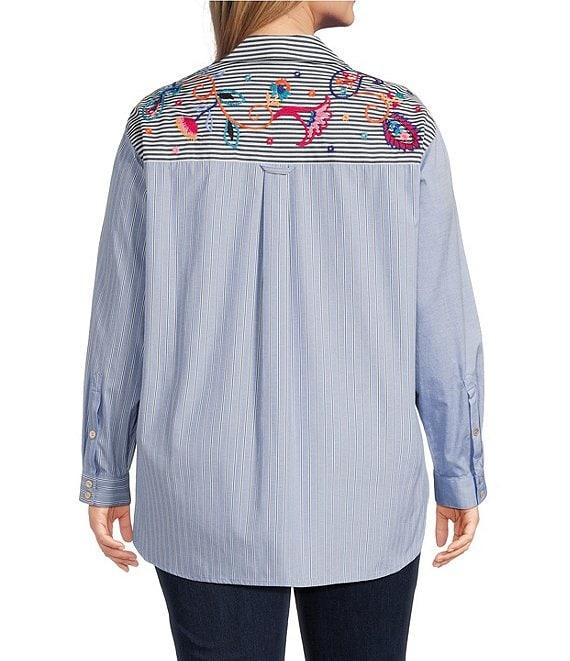 John Mark Plus Size Embroidered Woven Stripe Point Collar Long Roll-Tab Sleeve Button Front Tunic Product Image