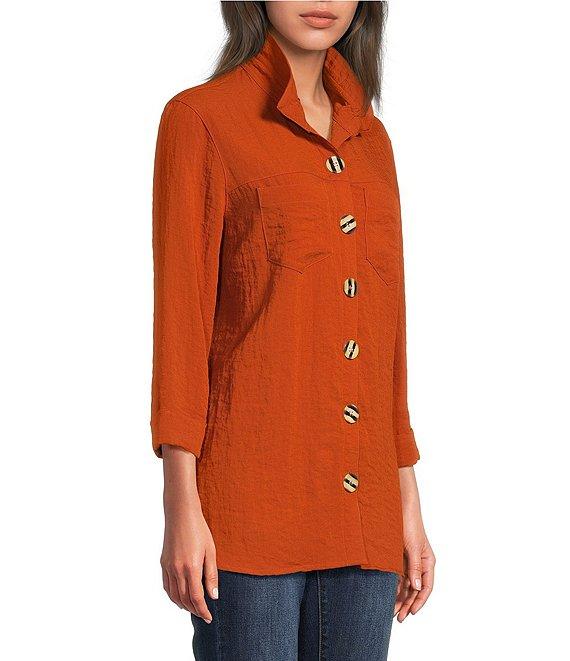 John Mark Solid Woven 3/4 Sleeve Wire Collared Button Front Patch Pocket Camp Shirt Product Image