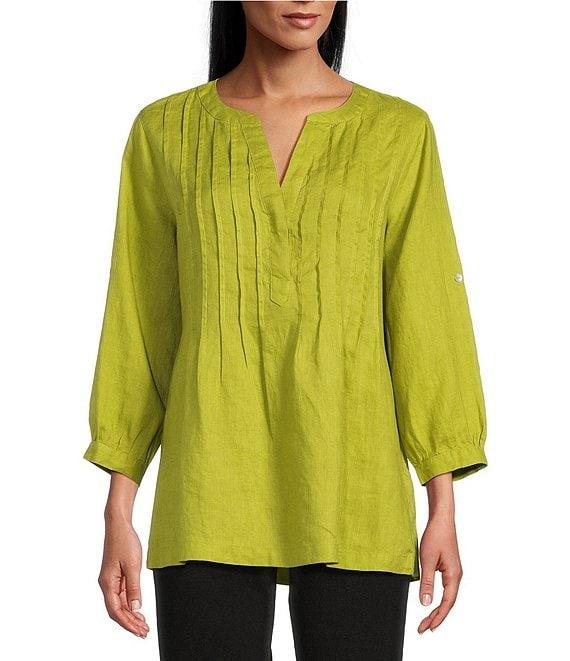 John Mark Linen Y-Neck Roll Tab Sleeve Pintuck Tunic Product Image