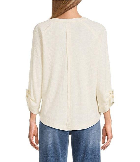 Westbound Petite Size Solid Knit 3/4 Bell Sleeve V-Neck Top Product Image