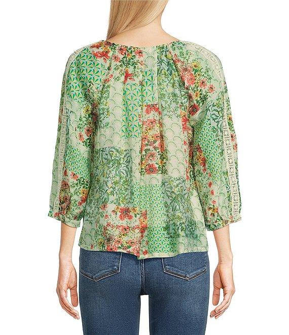 Figueroa & Flower Woven Printed Lace Detail Scoop Neck Long Sleeve Blouse Product Image