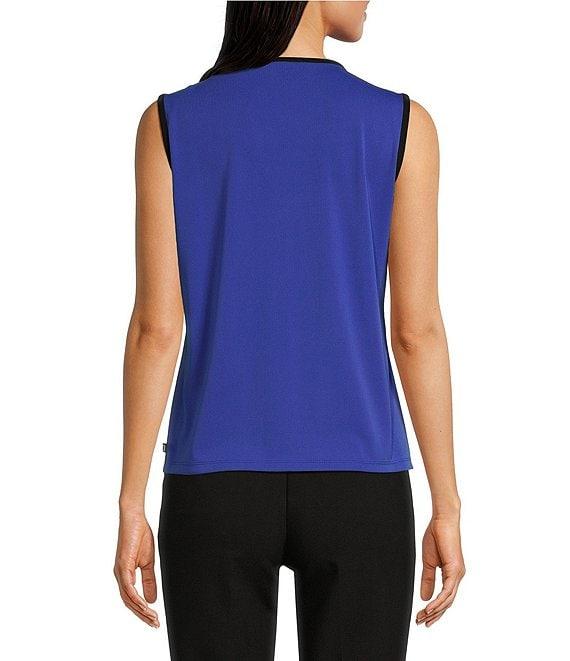 KARL LAGERFELD PARIS Matte Jersey Contrast Pipe Trim Keyhole Crew Neck Sleeveless Blouse Product Image