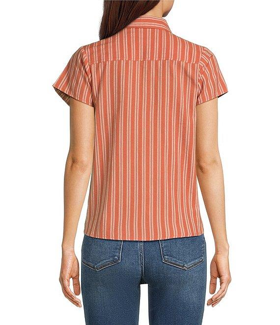 Aventura Aubrey Organic Cotton Stripe Print Woven Spread Collar Cap Sleeves Button Front Top Product Image