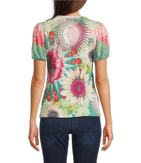 JOHNNY WAS The Janie Favorite Emily Abstract Floral Print V-Neck Short Puff Sleeve Knit Tee Product Image