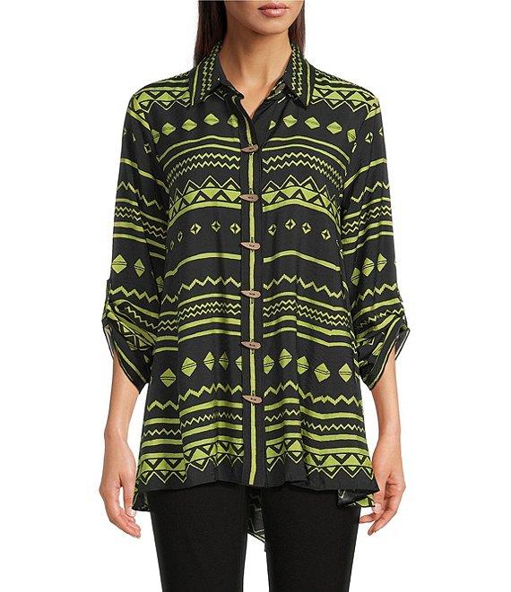 Ali Miles Woven Zig-Zag Harmony Print Point Collar 3/4 Roll-Tab Sleeve Asymmetric Hem Button Front Tunic Product Image
