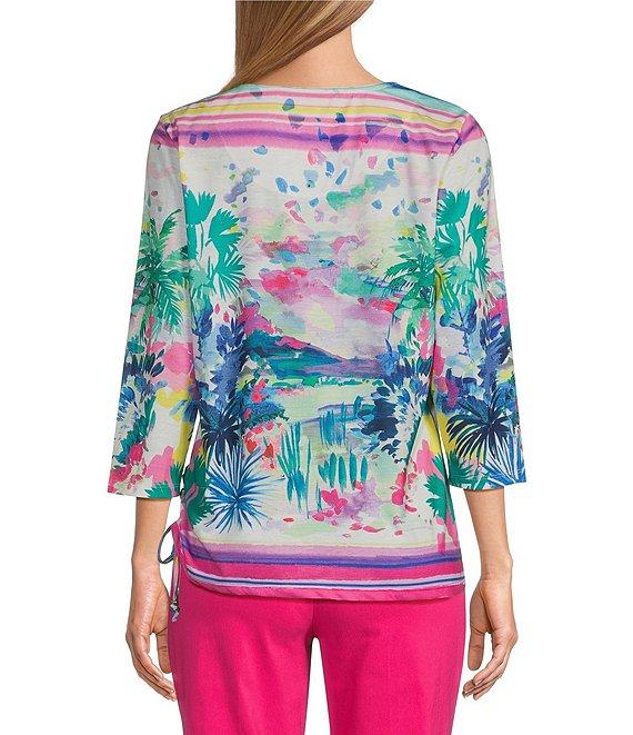 Allison Daley Embellished Watercolor Tropics Print 3/4 Sleeve Crew Neck Ruched Side Tie Hem Knit Top Product Image