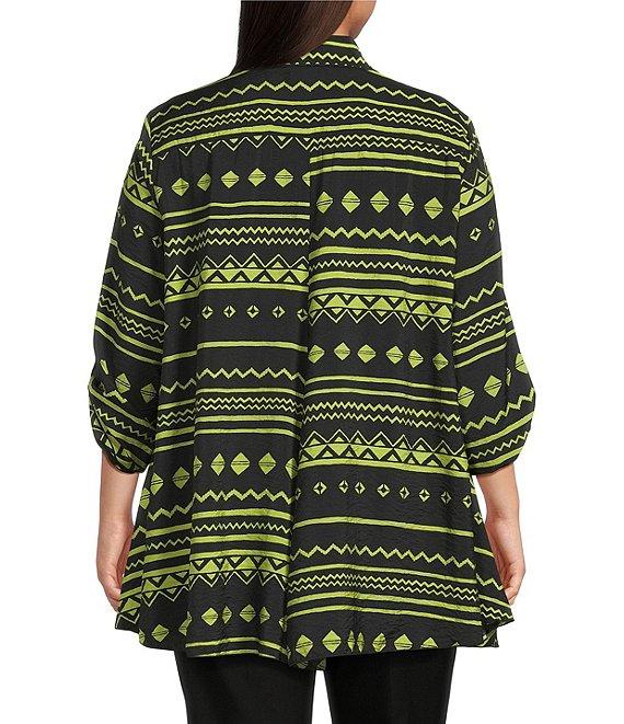 Ali Miles Plus Size Woven Zig-Zag Harmony Print Point Collar 3/4 Roll-Tab Sleeve Asymmetric Hem Button Front Tunic Product Image