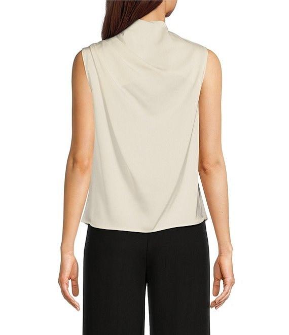 Donna Karan Draped Satin Sleeveless Mock Neck Gathered Shoulder Blouse Product Image
