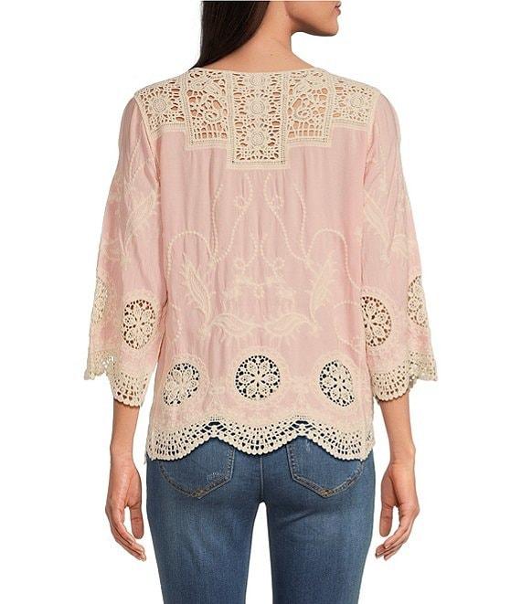 Leo & Nicole Woven Allover Embroidered Scoop Neck 3/4 Sleeve Lace Yoke Top Product Image