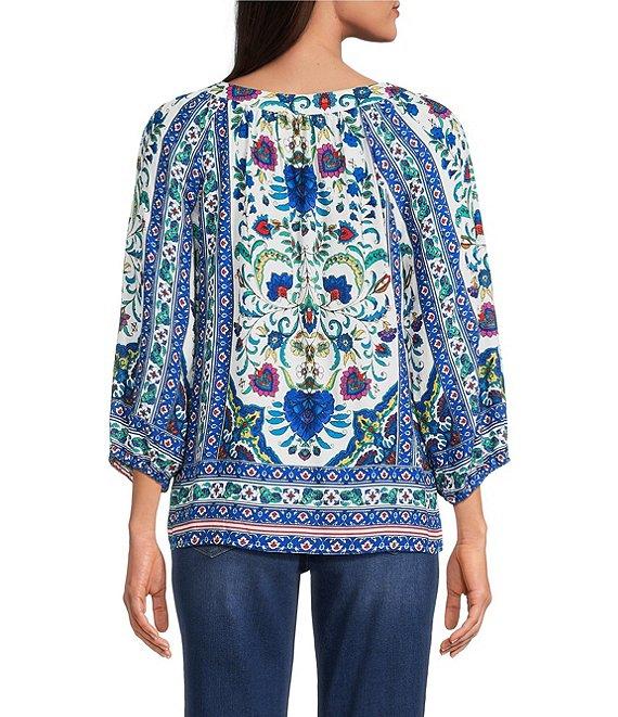 Figueroa & Flower Mckenna Jacquard Printed Square Neck 3/4 Sleeve Pintuck Detail Tunic Product Image
