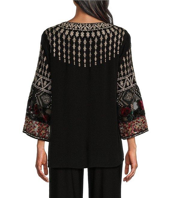 John Mark Geometric Floral Embroidered V-Neck 3/4 Sleeve Velvet Burnout Top Product Image