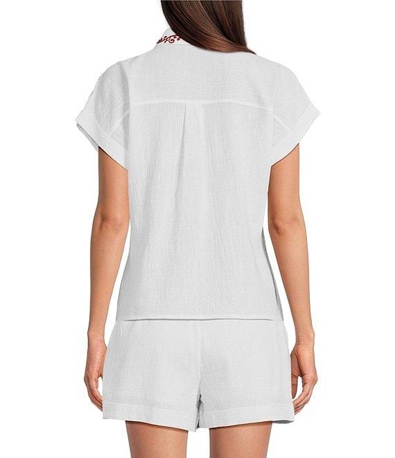 Reba Top Amber Textured Woven Coordinating Point Collar Short Sleeve Paisley Embroidered Top Product Image