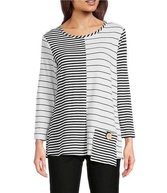 Ali Miles Yarn-Dyed Stripe Round Neck 3/4 Sleeve Tunic Product Image