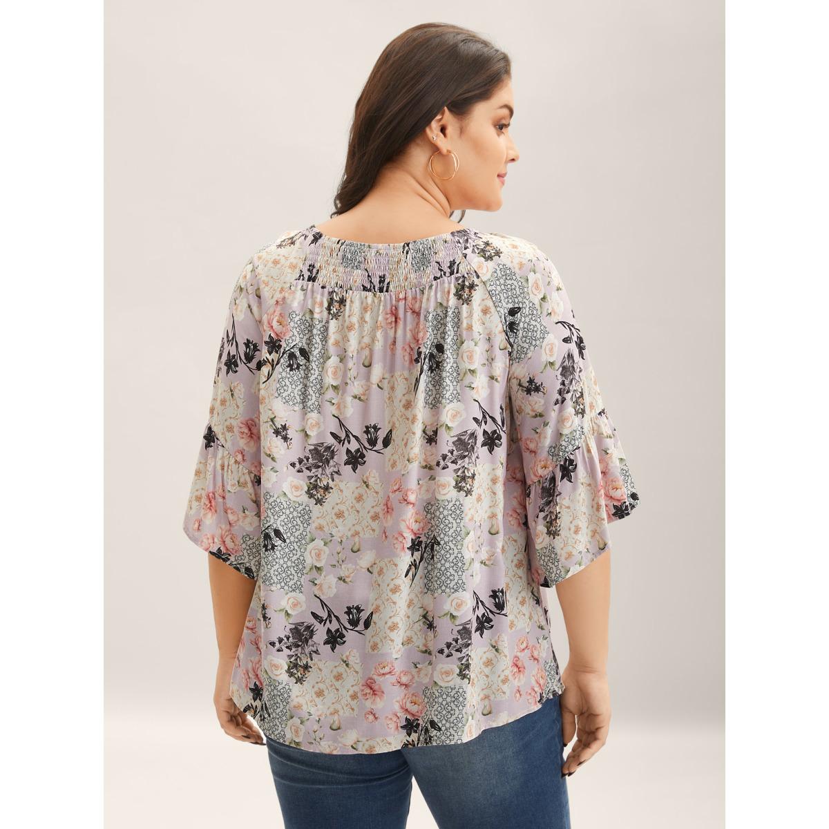 Plus Size Multicolor Floral Shirred Neck Flowy Blouse Women Elbow-length sleeve Round Neck Elegant Blouses BloomChic 22-24/3X Product Image
