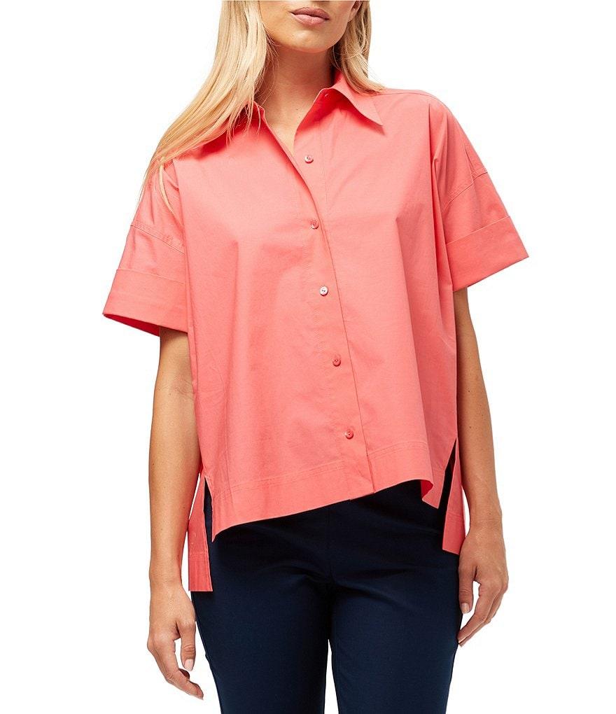 Trina Turk Opponent Stretch Poplin Point Collar Short Sleeve High Low Top Product Image