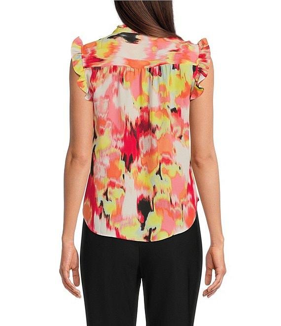 DKNY By Donna Karan Printed Georgette Ruffled Banded Collar Sleeveless Top Product Image