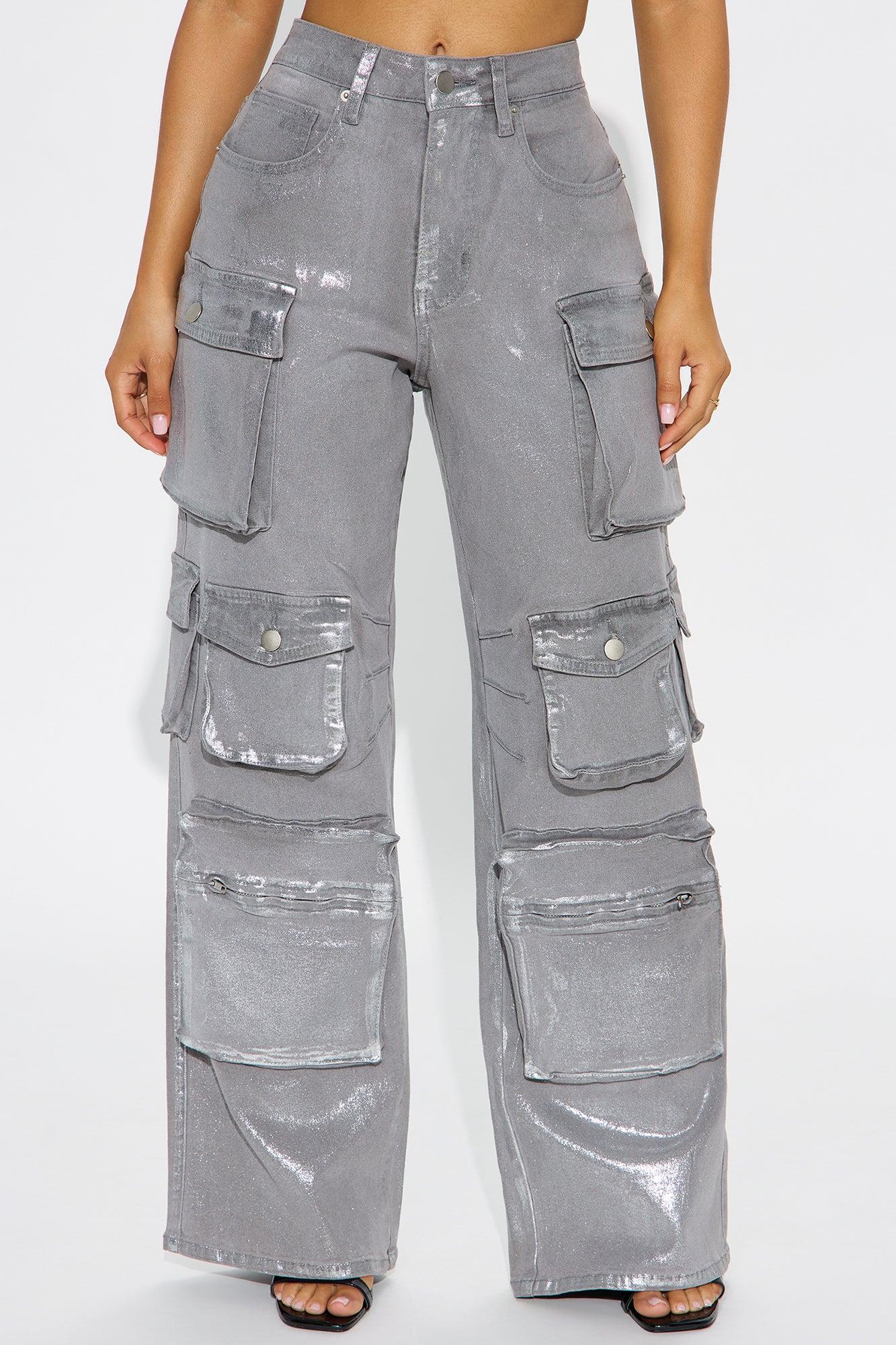 Petite Time To Shine Foil Baggy Cargo Jeans - Silver Female Product Image