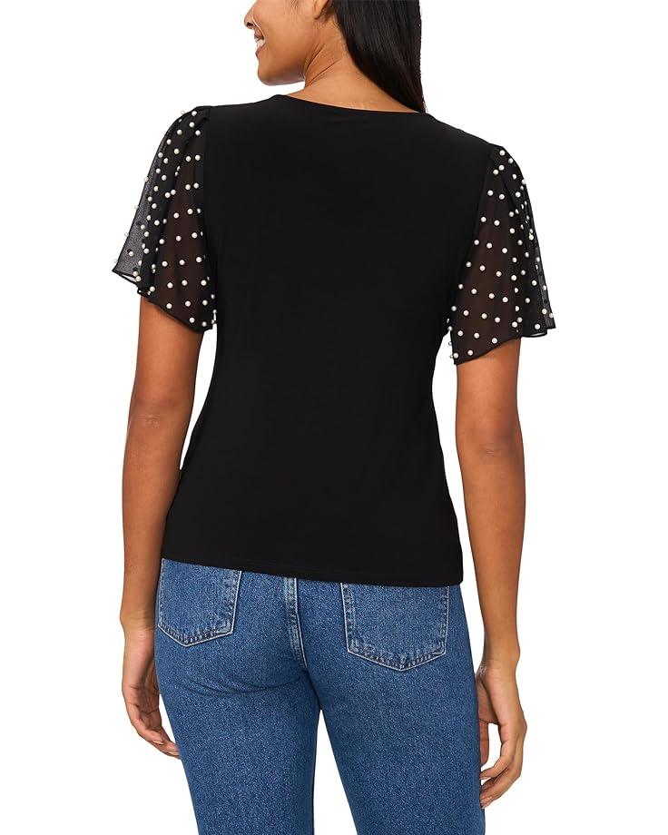 Women's CeCe Knit V-Neck Combo Pearl Sleeve Top Product Image