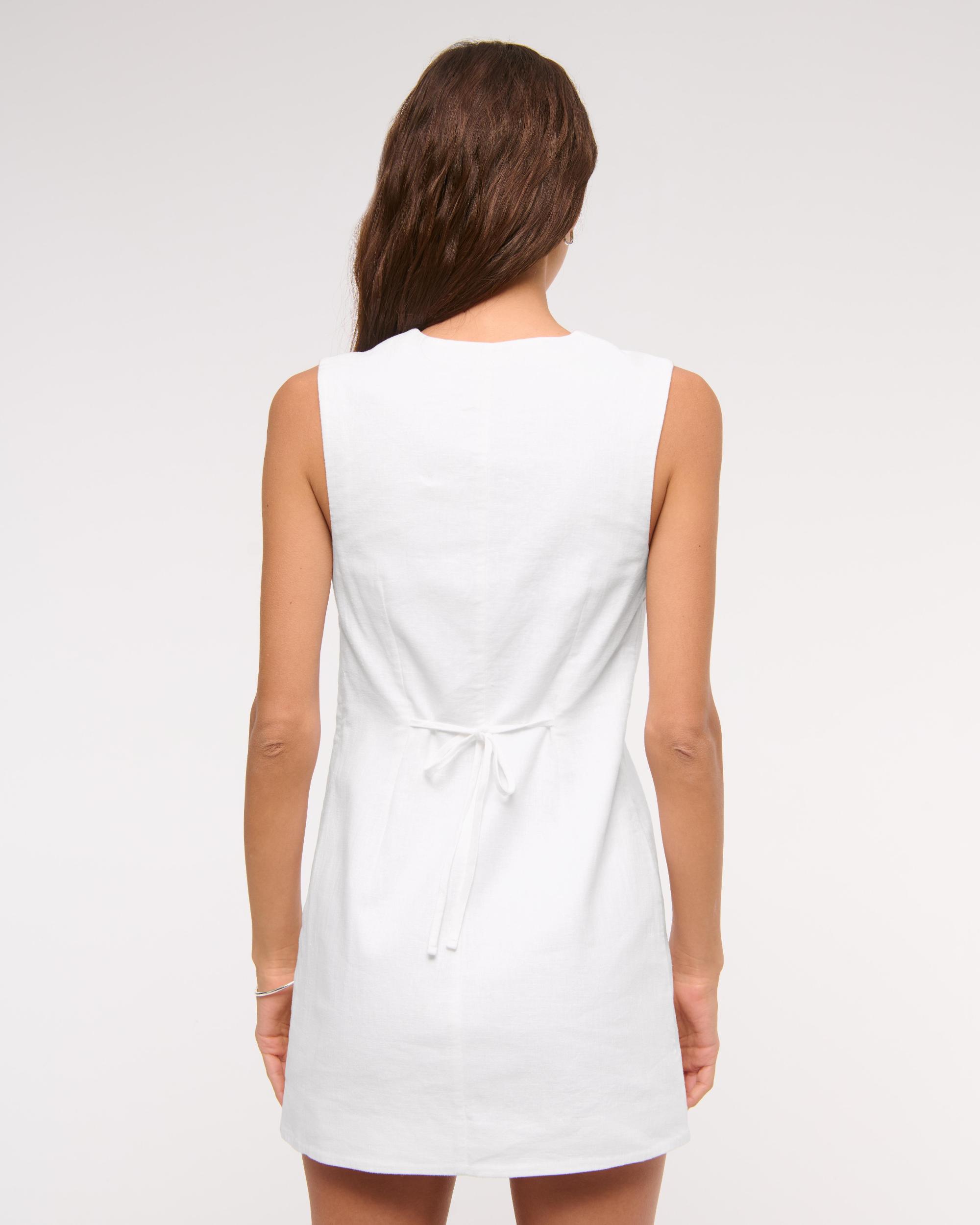 Linen-Blend V-Neck Button Mini Dress Product Image