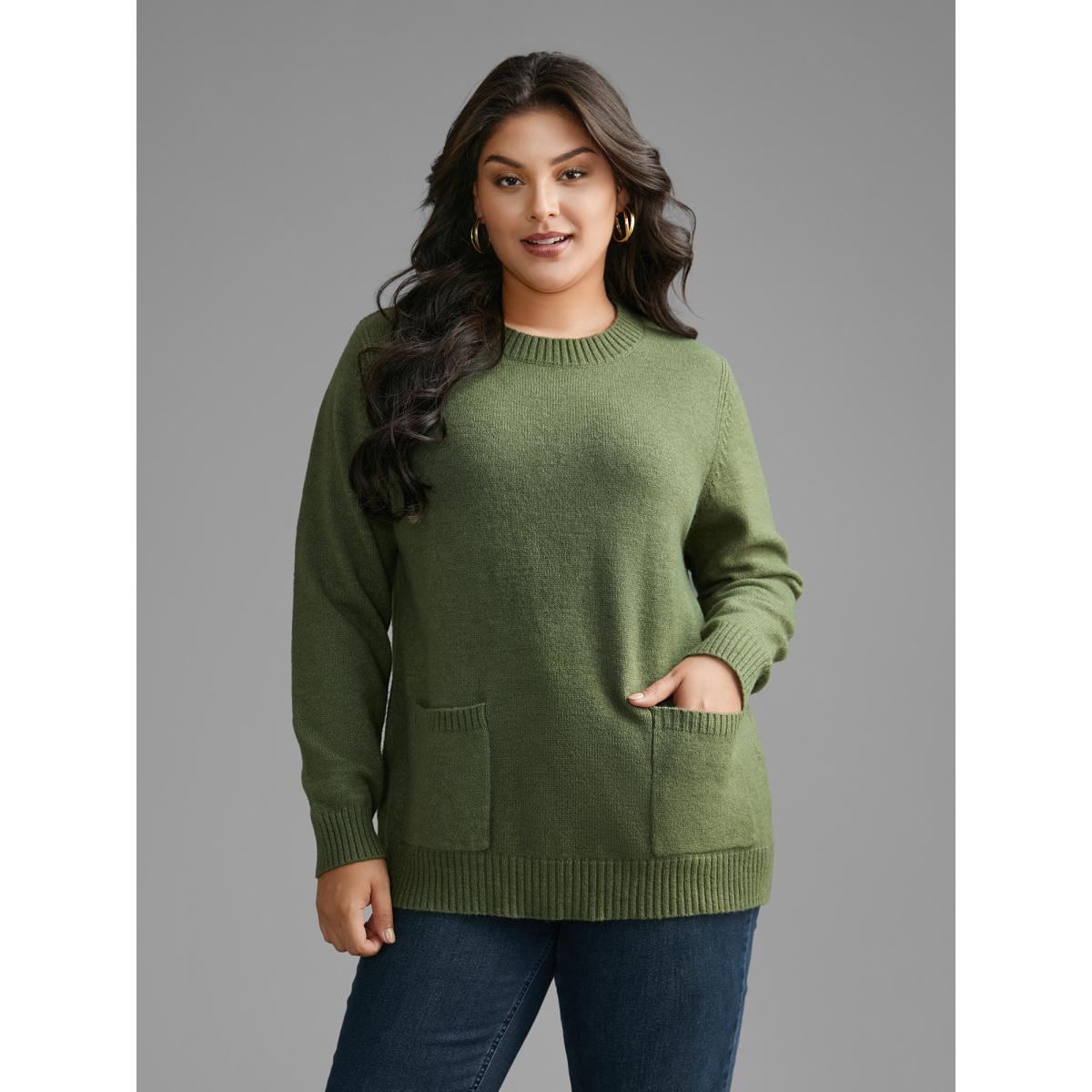 Plus Size Plain Round Neck Patched Pocket Pullover Moss Women Casual Loose Long Sleeve Round Neck Everyday Pullovers BloomChic 10/M Product Image