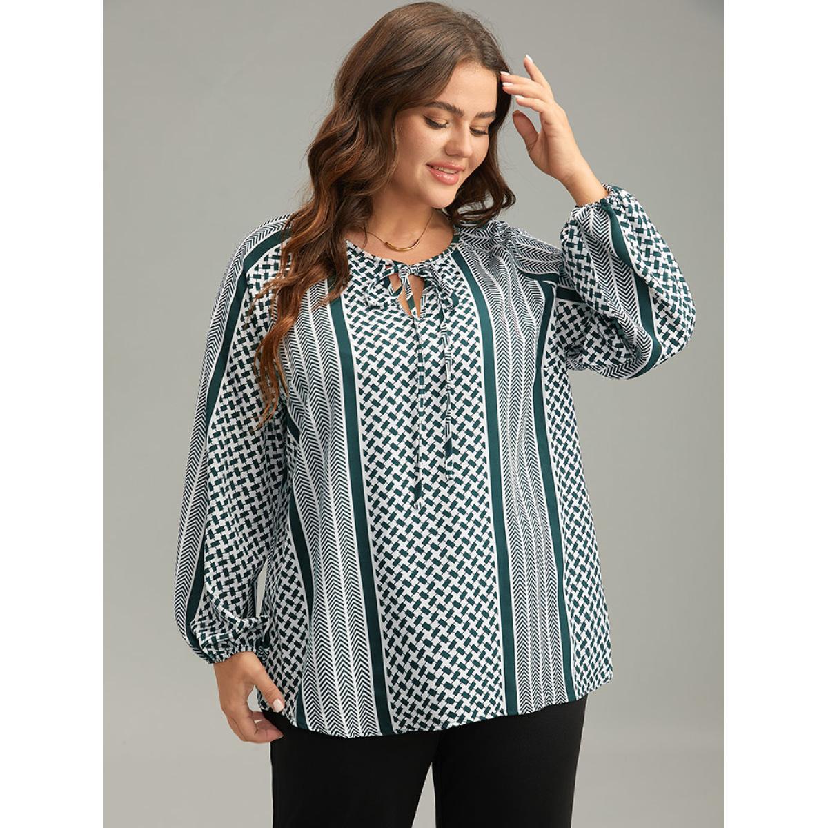 Plus Size Teal Geo Striped Tie Lantern Sleeve Blouse Women Resort Long Sleeve Tie Neck Vacation Blouses BloomChic 10/M Product Image