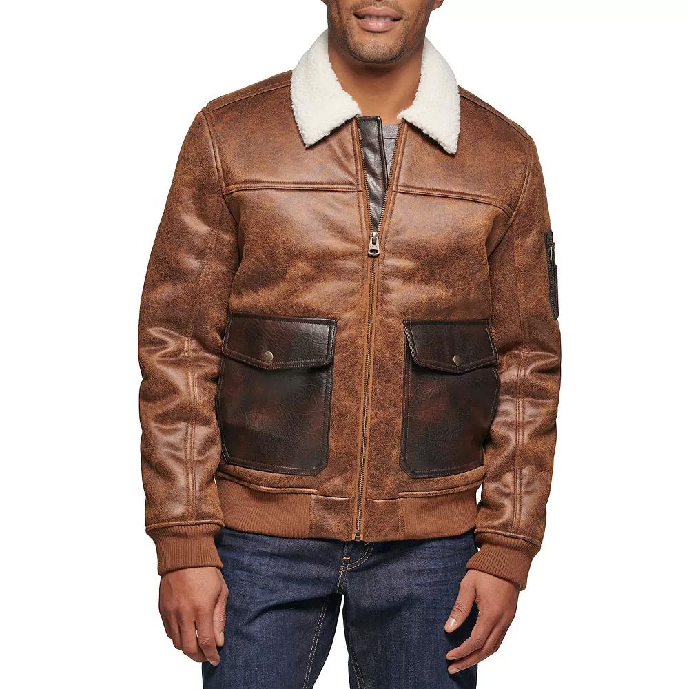 Mens Levis Faux Leather Military Jacket with Sherpa Collar Product Image