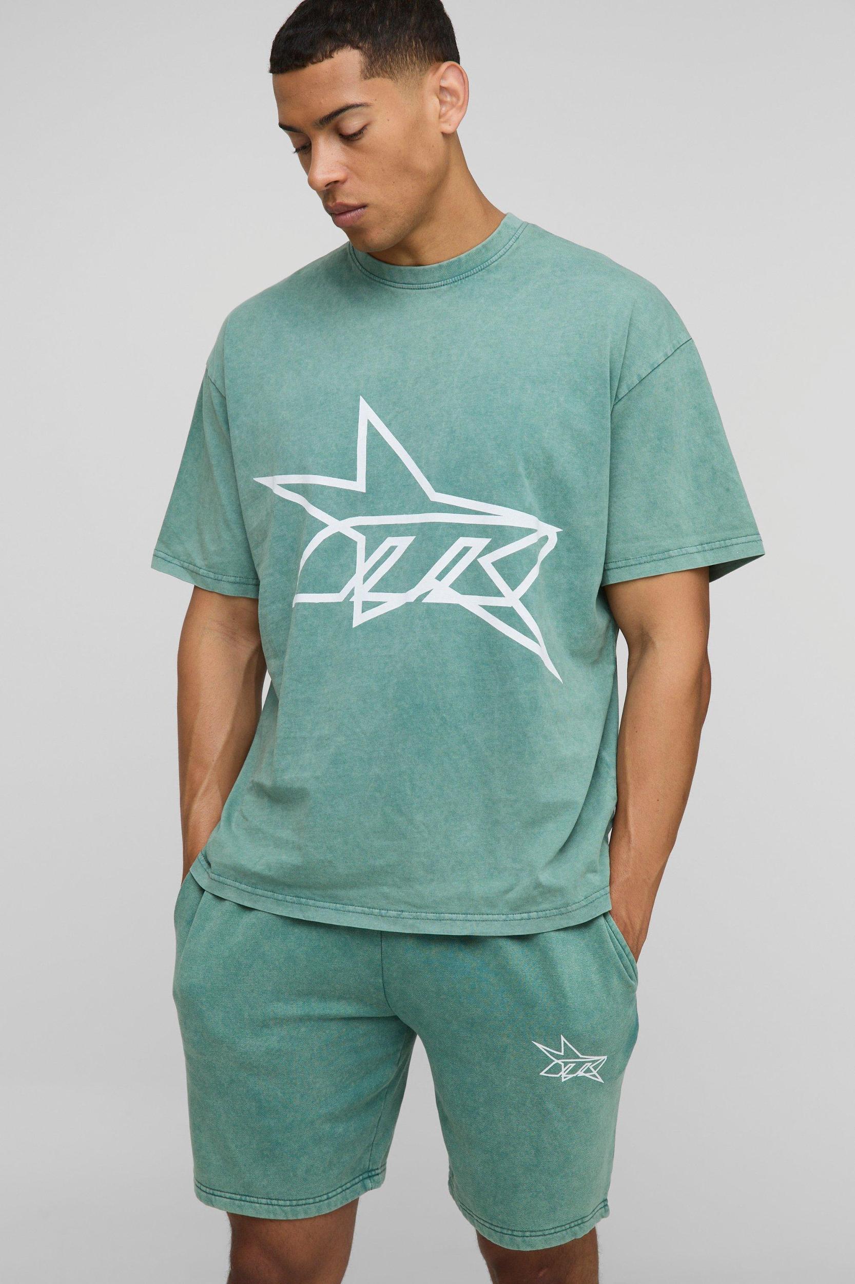 Oversized M Star Washed T-Shirt & Short Set | boohooMAN USA Product Image