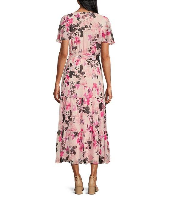 Kasper Floral Chiffon V-Neck Flutter Short Sleeve Smocked Maxi Dress Product Image