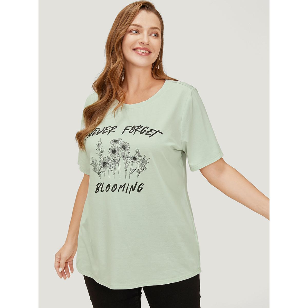 Plus Size Sunflower & Letter Print Slightly Stretchy Short Sleeve T-shirt LightGreen Women Casual Natural Flowers Dailywear T-shirts BloomChic 14-16/1X Product Image