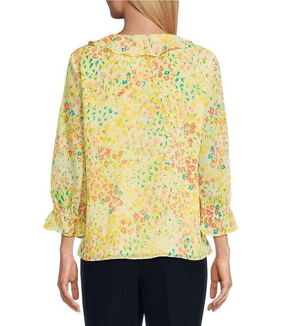 Investments Riley Woven Sunshine Clustered Buds Cascading Ruffle V-Neck 3/4 Sleeve Top Product Image