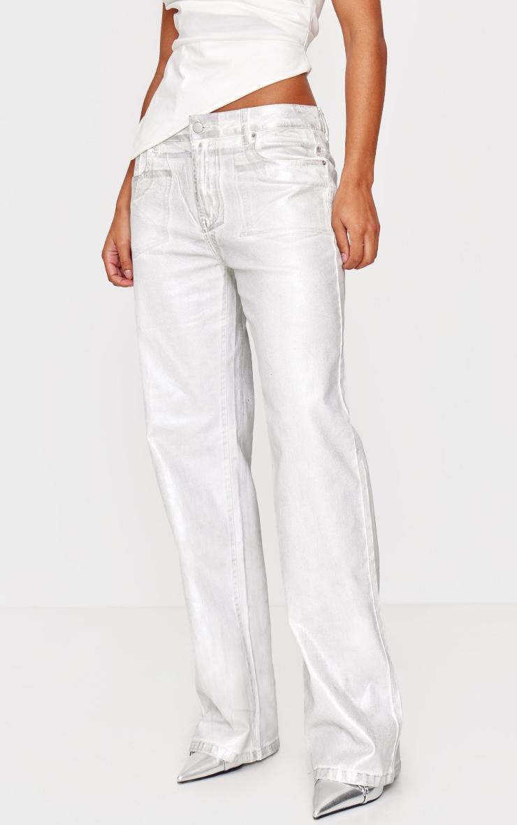 White Metallic Effect Low Rise Wide Leg Jeans Product Image