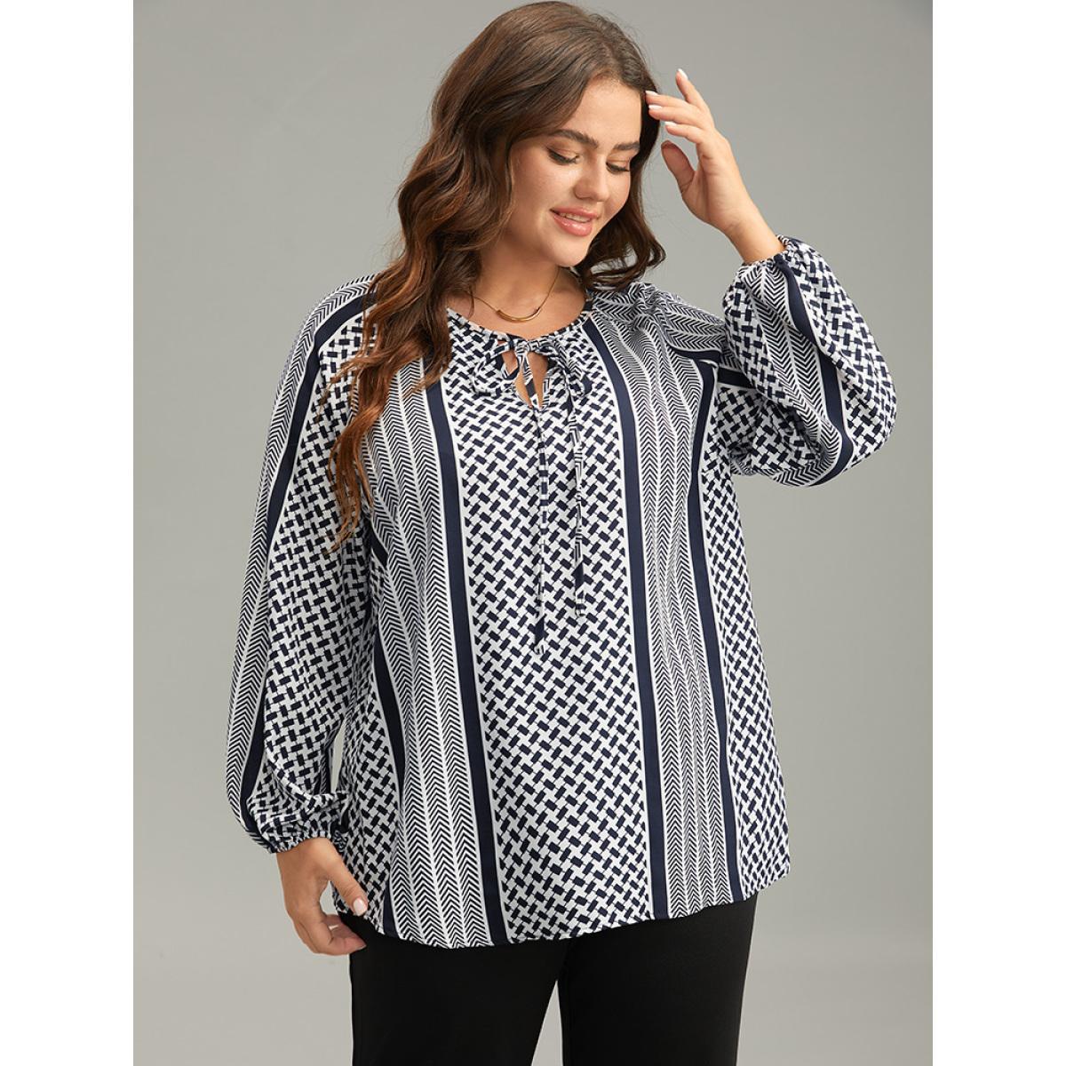 Plus Size Indigo Geo Striped Tie Lantern Sleeve Blouse Women Resort Long Sleeve Tie Neck Vacation Blouses BloomChic 22-24/3X Product Image
