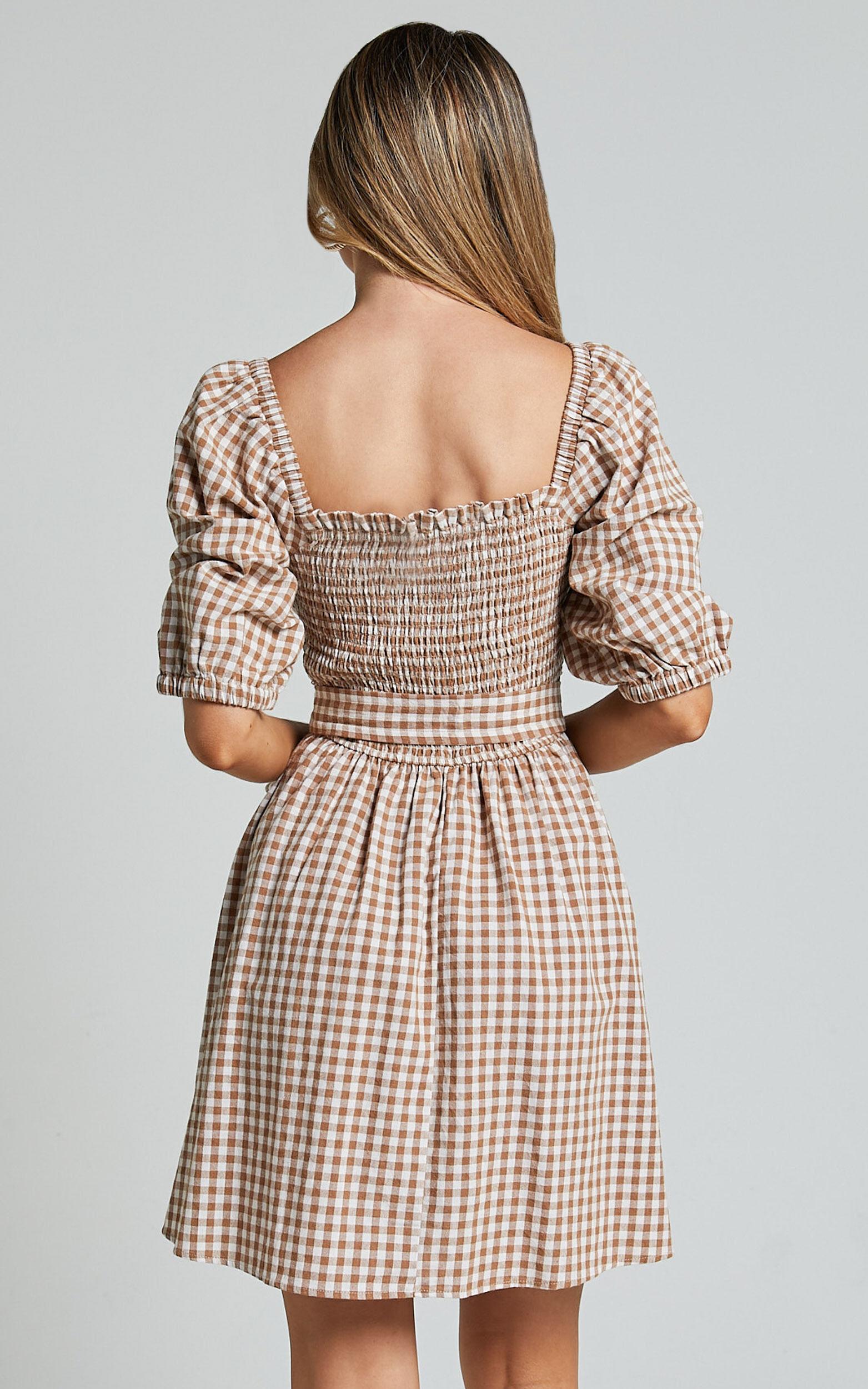 Liza Mini Dress - Shirred Bodice Short Sleeve Tie Dress in Caramel and White Gingham Product Image