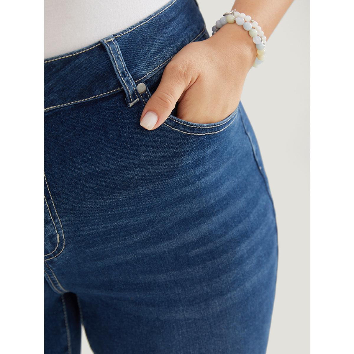 Plus Size Skinny Moderately Stretchy High Rise Dark Wash Jeans Women DarkBlue Casual Plain Medium stretch Jeans BloomChic 10/M Product Image