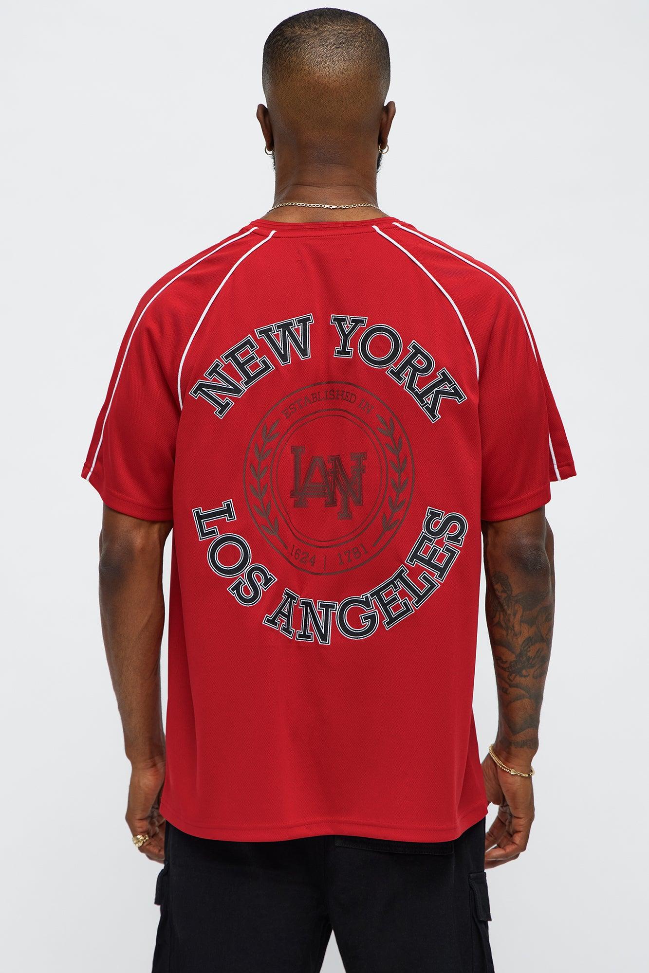 V Neck NY LA Applique Tee - Red Product Image