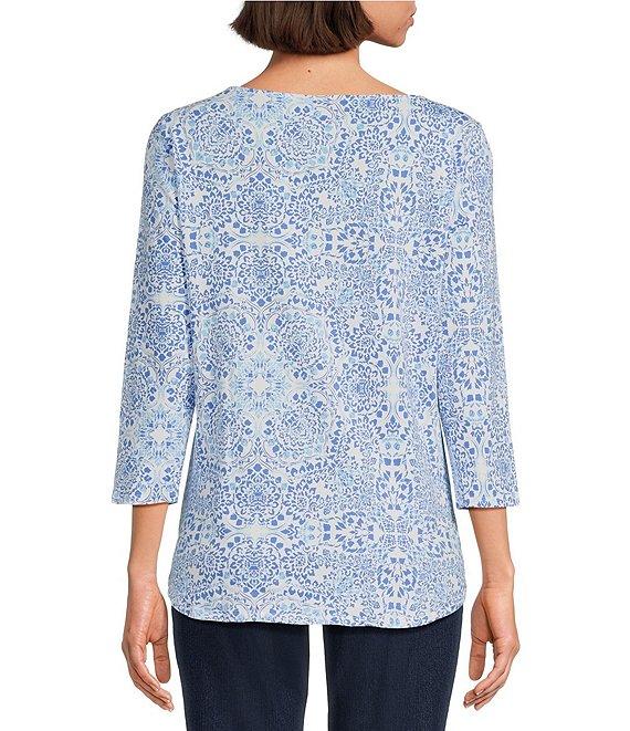 Ruby Rd. Embellished Floral Print Boat Neck 3/4 Sleeve Top Product Image